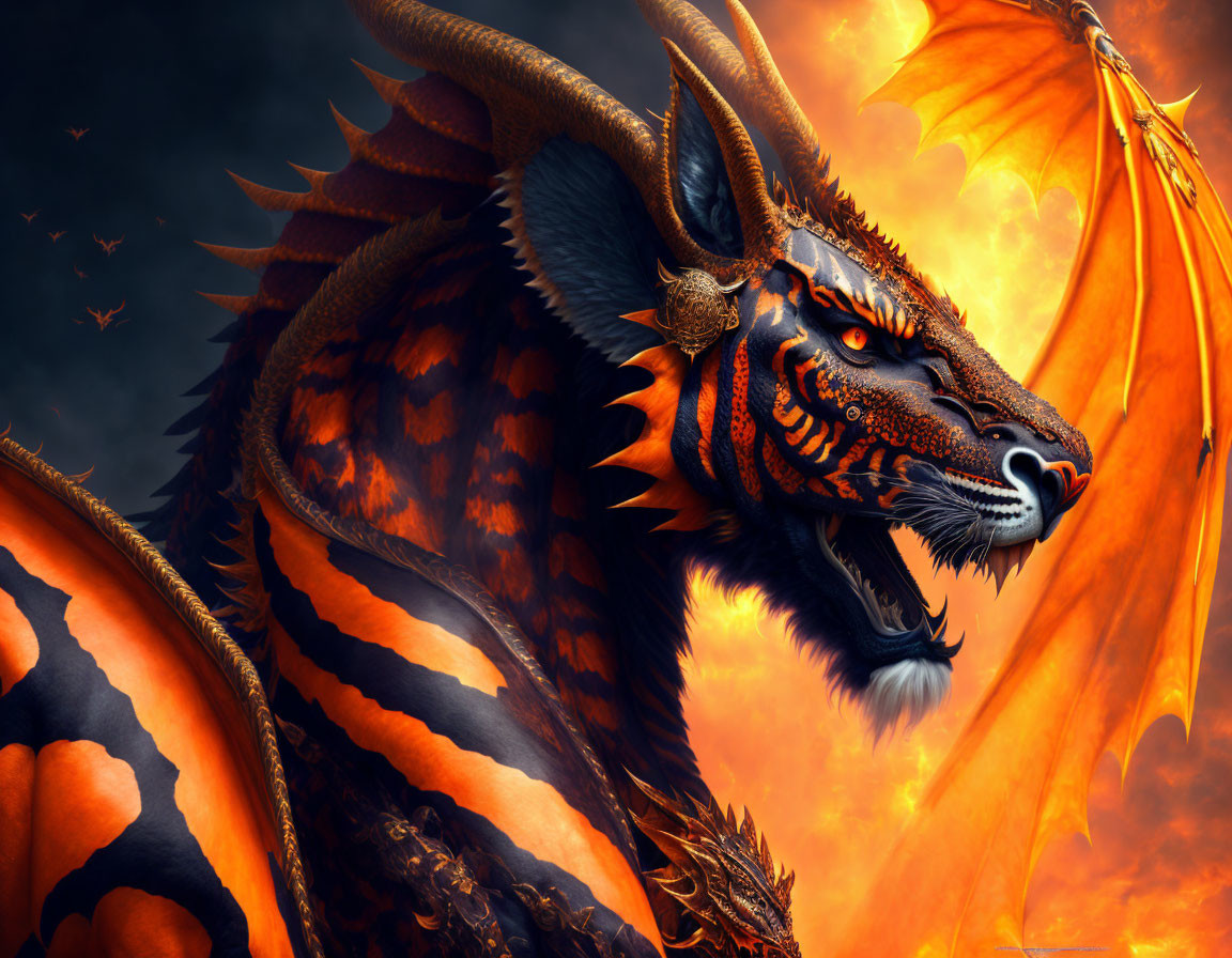 Majestic dragon with orange and black scales and fiery backdrop