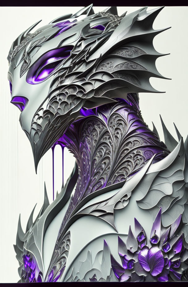 Detailed Metallic Dragon Head with Silver Scales and Purple Eyes