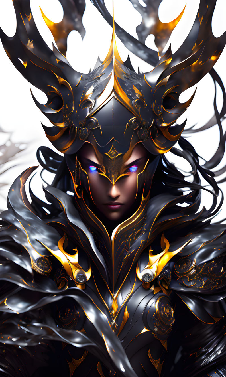 Figure in black and gold armor with horned helmet and glowing purple eyes.