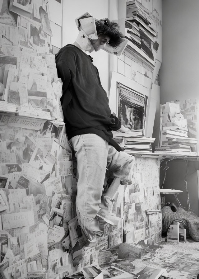 Person in cluttered room surrounded by papers and images.