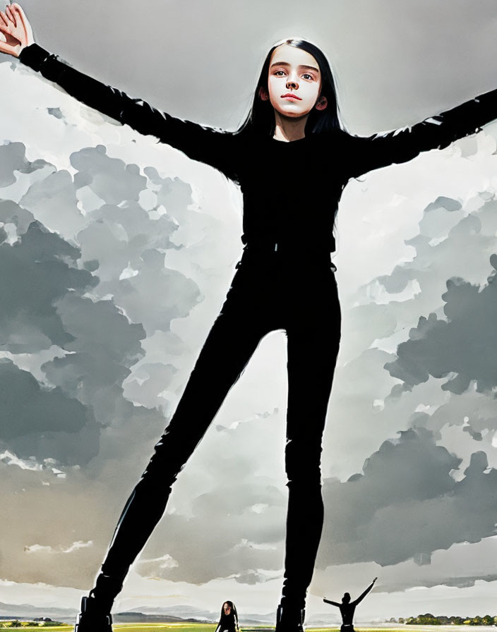 Person in Black Standing with Outstretched Arms Against Cloudy Sky