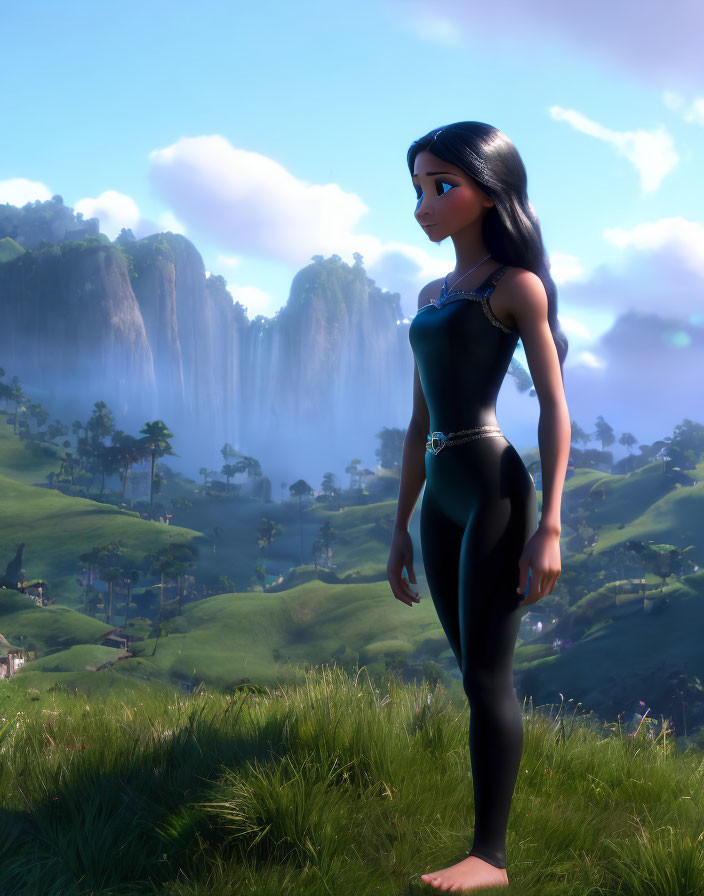 3D animated character on grassy cliff with waterfalls and hills in background