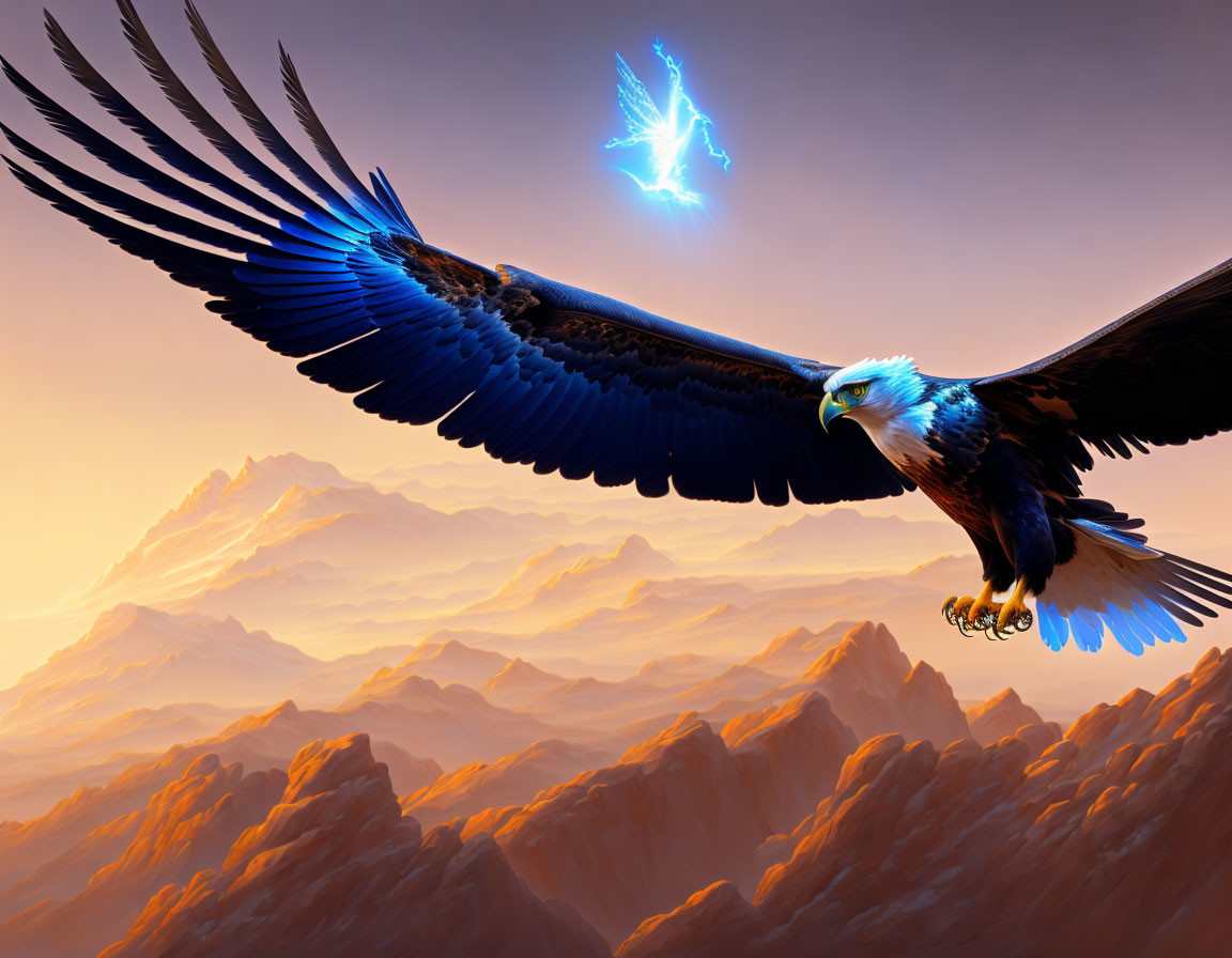 Majestic eagle flying over mountain landscape with glowing bird at sunset