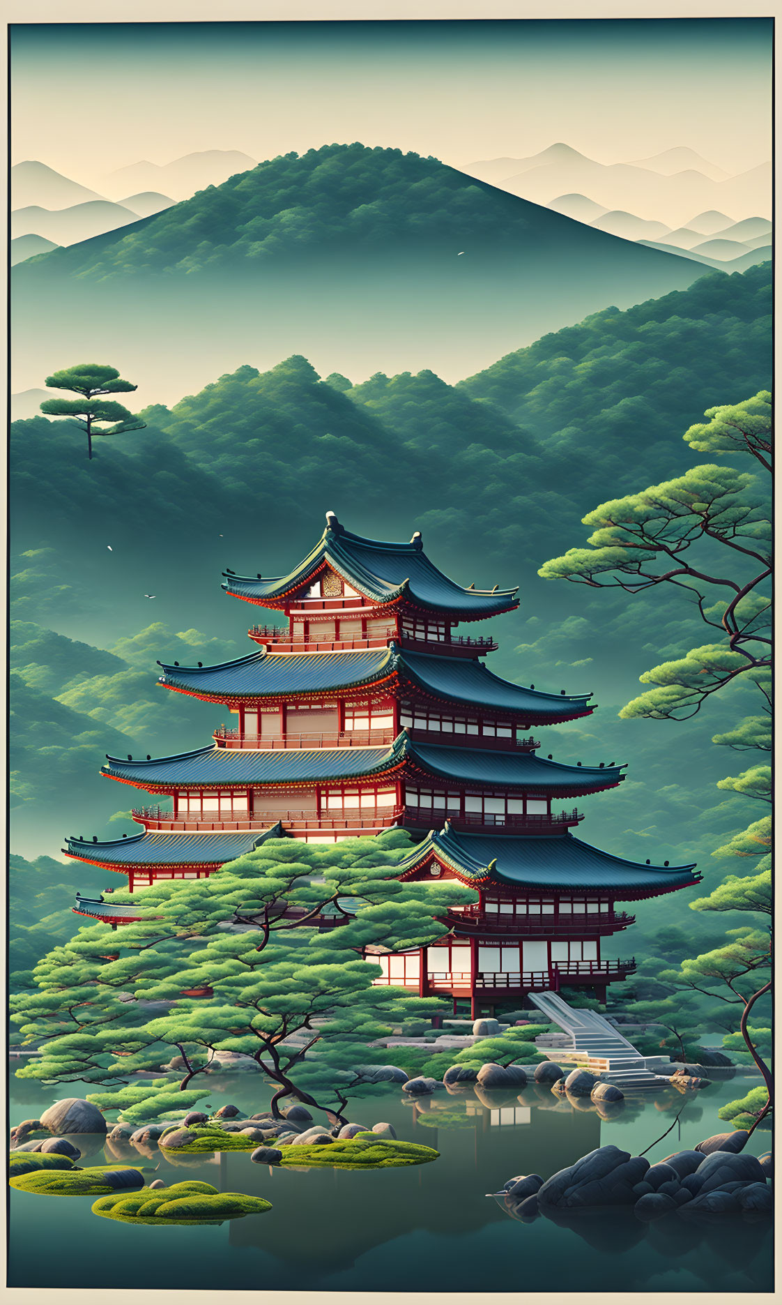 Tranquil multi-tiered pagoda in lush greenery with misty mountains and calm pond