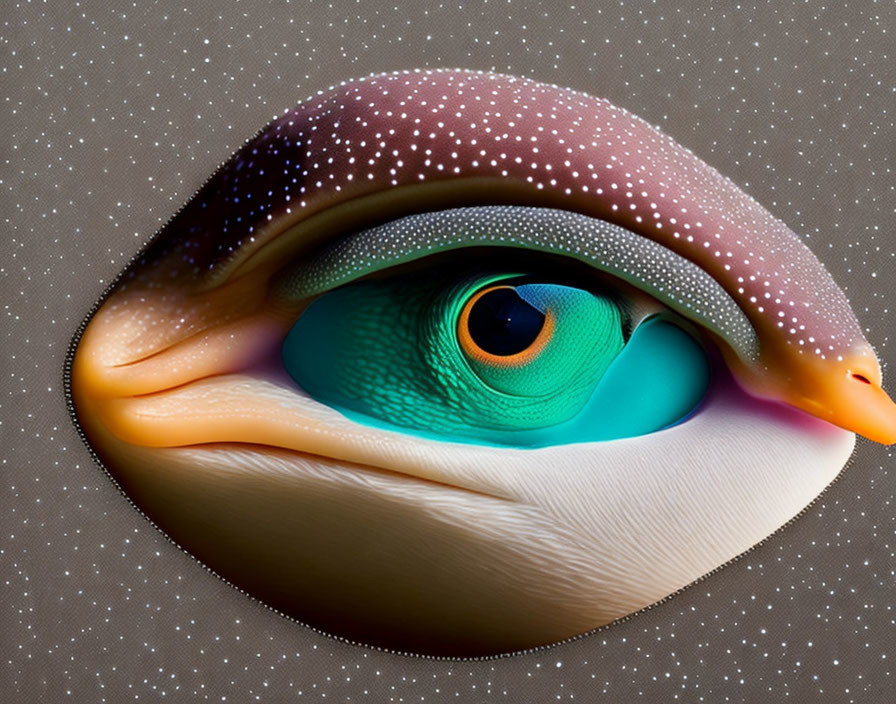 Abstract surreal eye with bird-like elements on dotted background