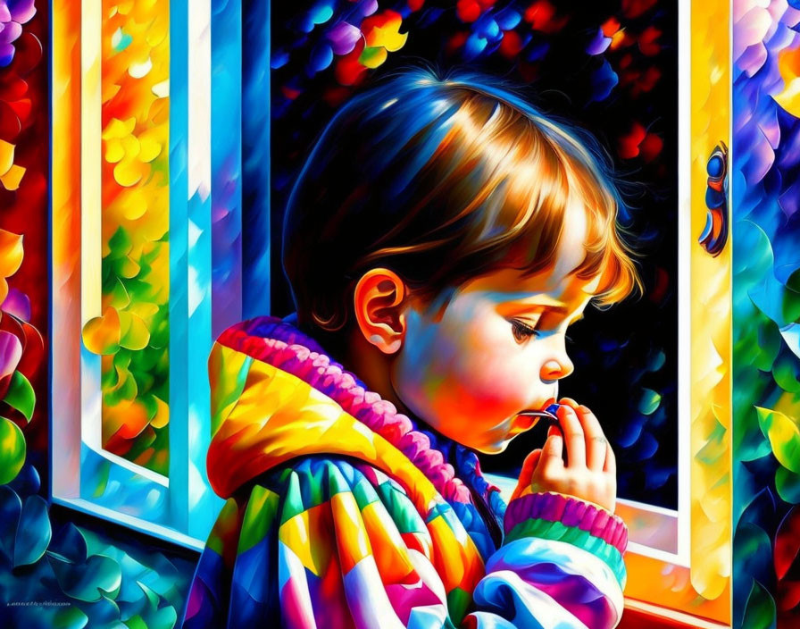 Child with thoughtful expression gazes out colorful window surrounded by vibrant hues