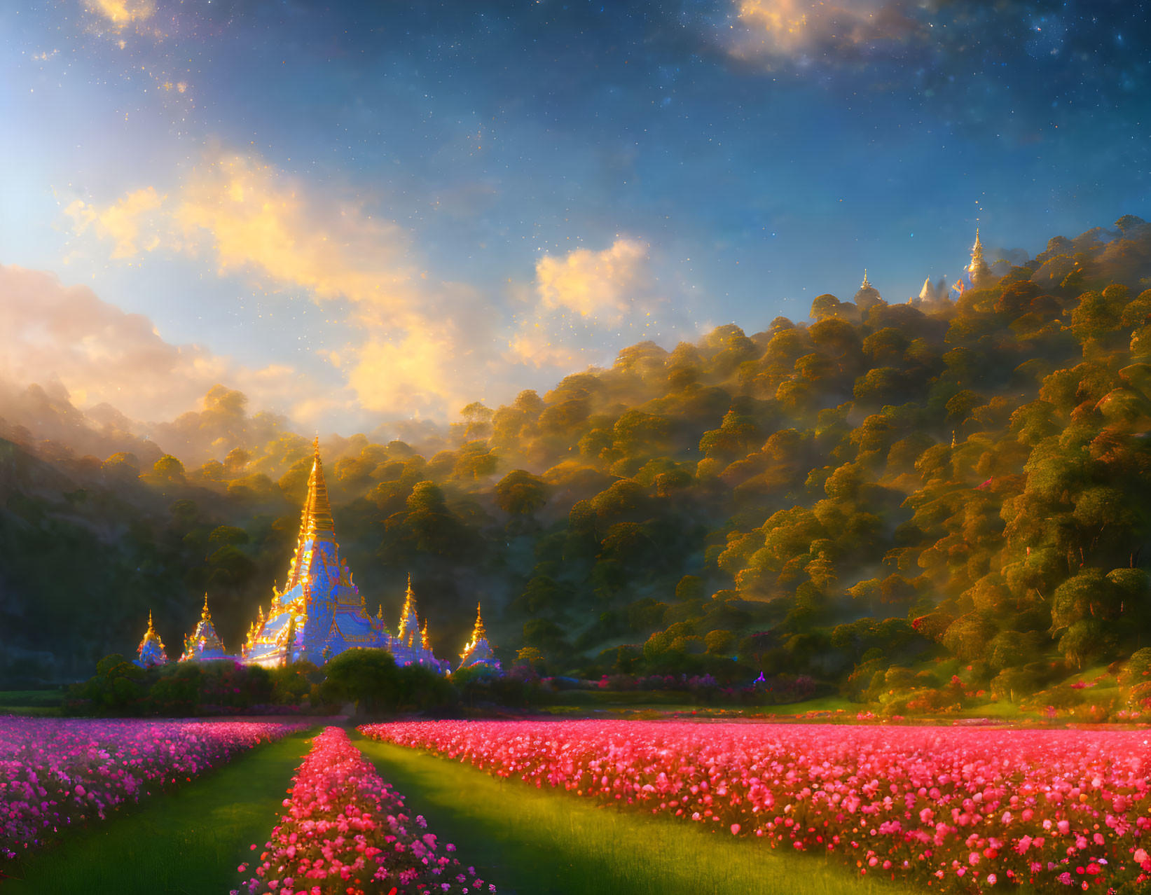 Golden temple in lush green hills under radiant sunrise among blooming pink flowers