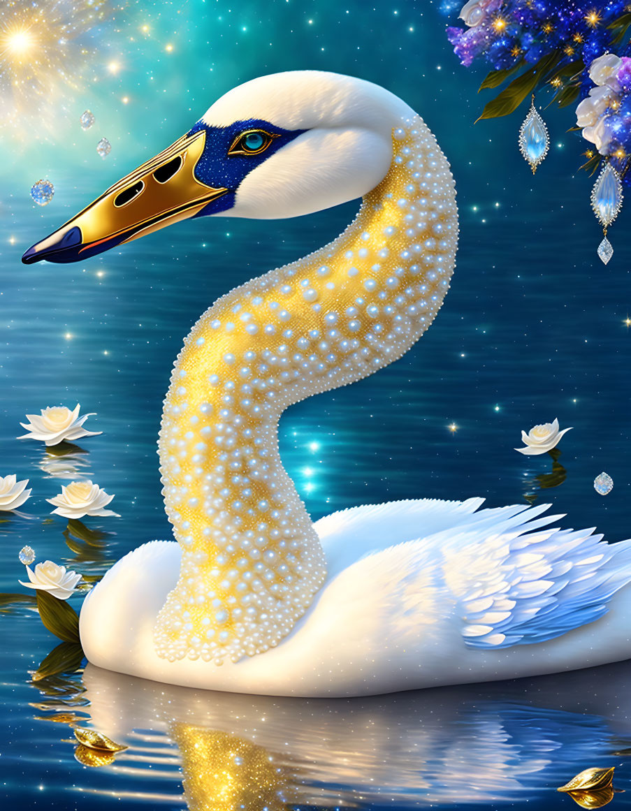 Majestic swan with pearl-studded neck on tranquil blue lake