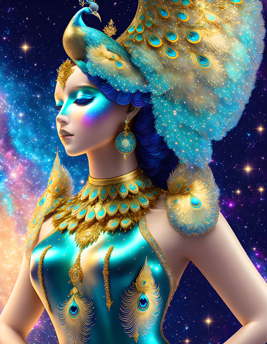 Illustration of woman in peacock feathers and gold jewelry on starry background