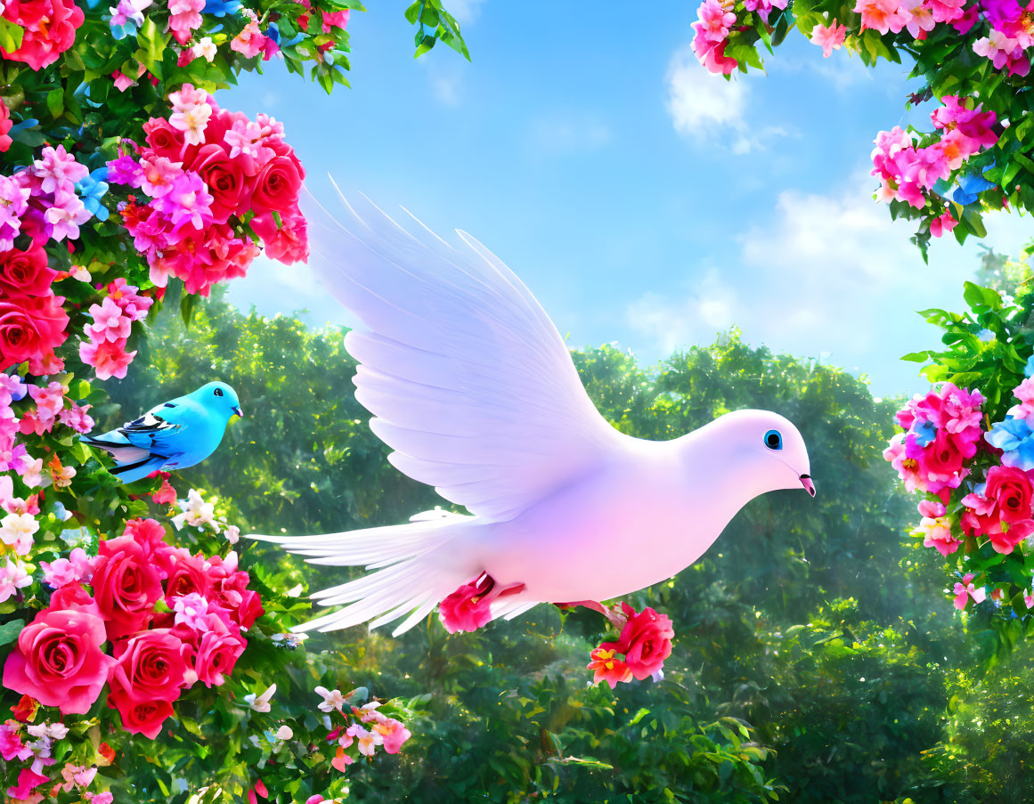 Birds in flight amidst blooming roses under clear sky