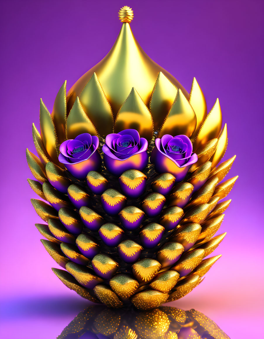 Golden pineapple-shaped object with purple roses on purple gradient background