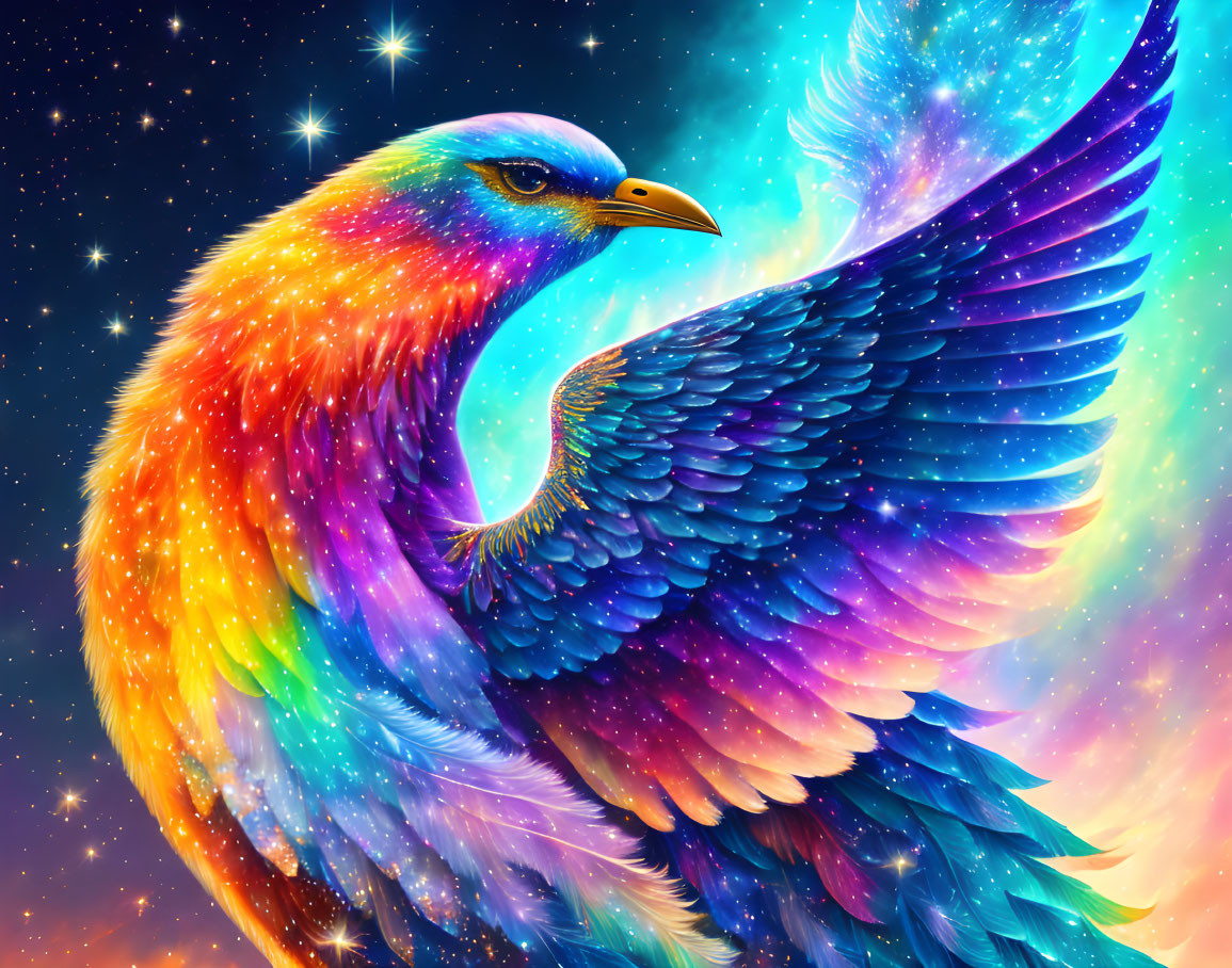 Colorful Cosmic Bird Illustration with Rainbow Hues and Starry Background