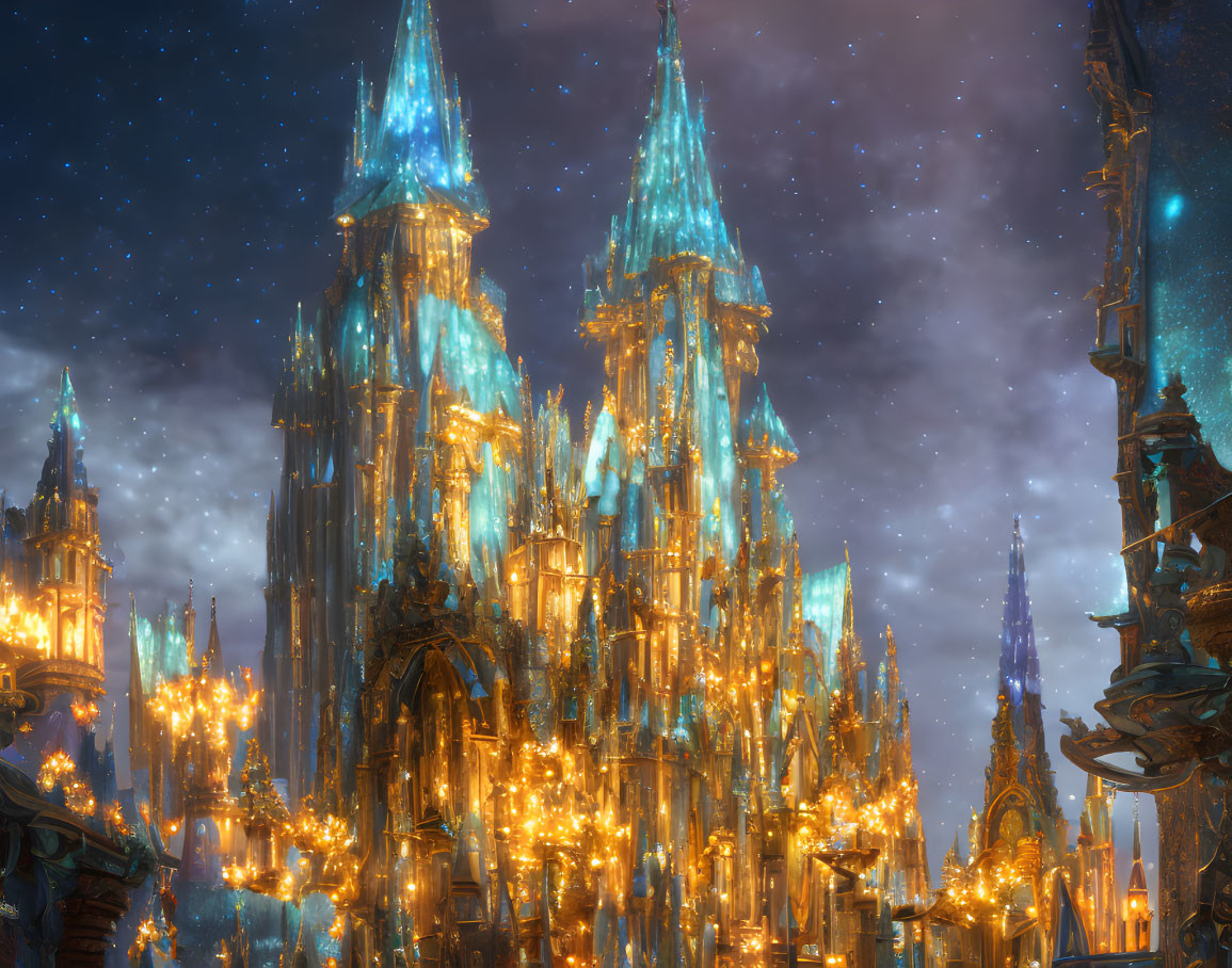 Fantastical night cityscape with towering spires under starry sky