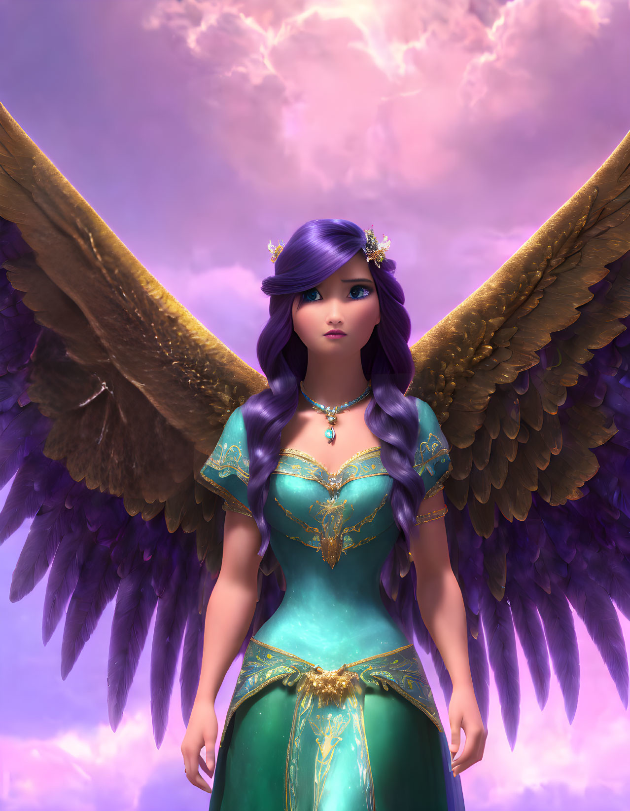 Digital Illustration of Female Character with Dark Angelic Wings and Purple Hair in Green and Gold Dress with