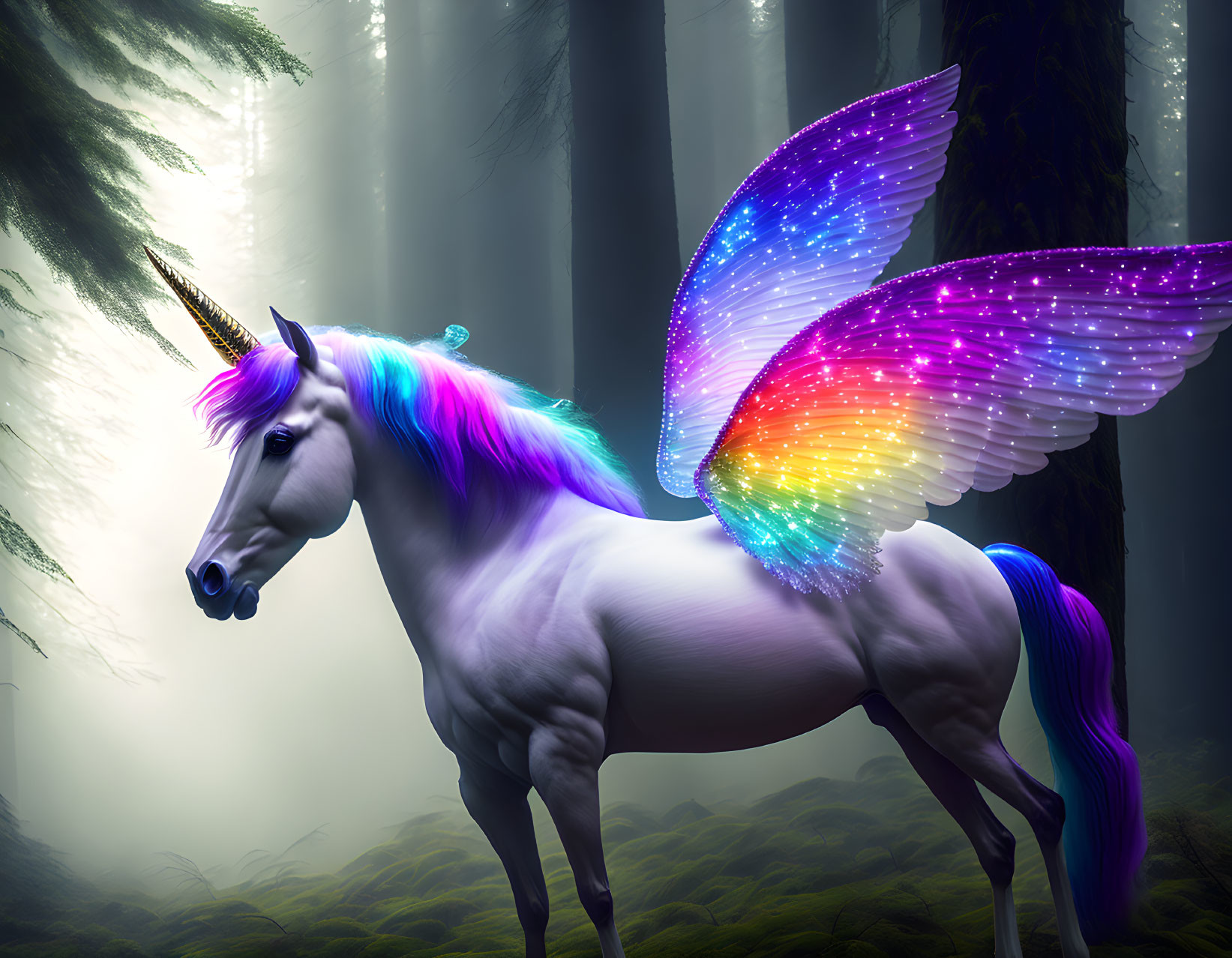 Majestic unicorn with rainbow mane and iridescent wings in misty forest