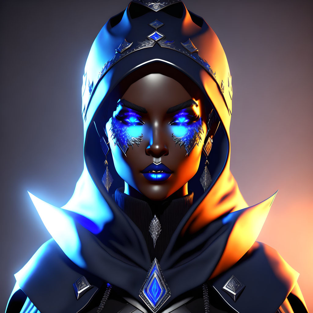 Digital Artwork: Person with Glowing Blue Eyes in Futuristic Garment