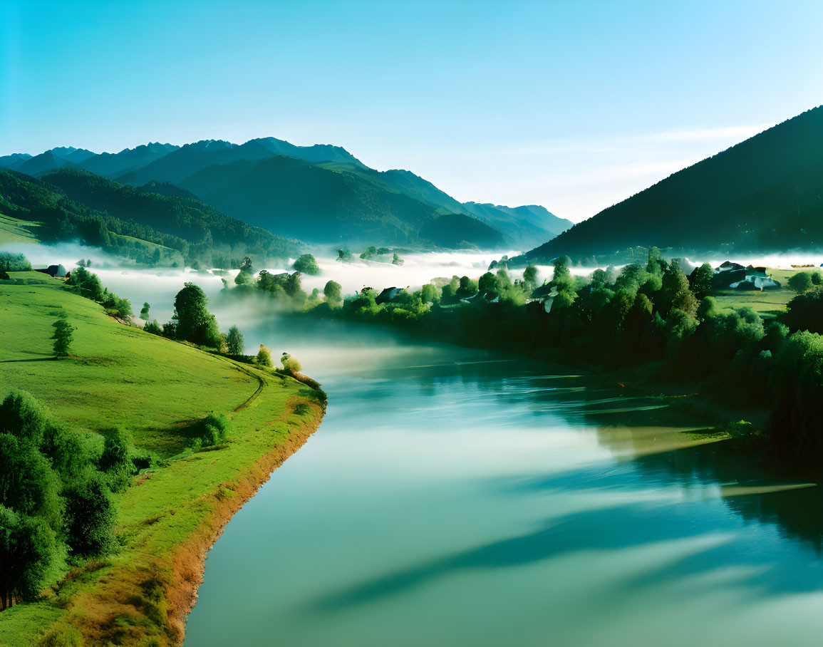 Tranquil landscape with river, hills, and mountains under clear blue sky