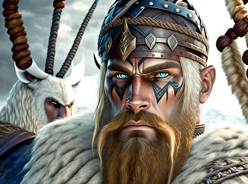 Blue-eyed Viking warrior with face paint and furry mantle in snowy scene with horned creature