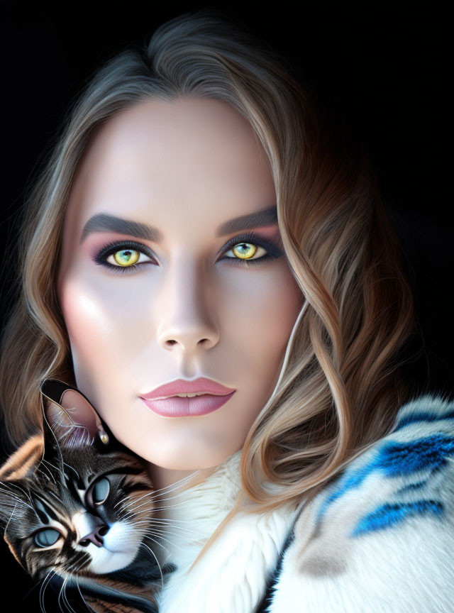 Woman with Green Eyes and Wavy Hair Poses with Cat on Shoulder