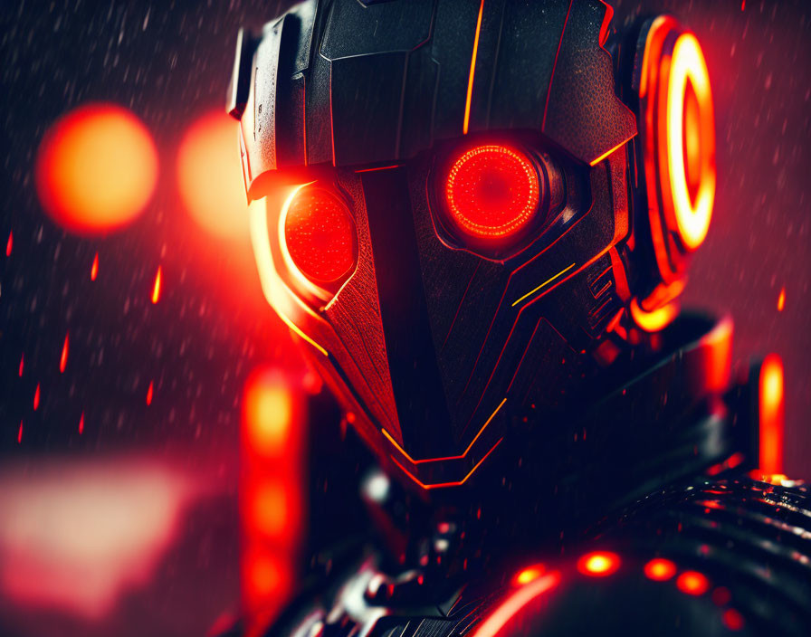 Humanoid robot with red glowing eyes in stylized armor in rainy setting.