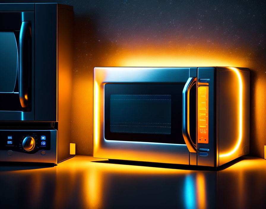 Futuristic orange and blue neon glow microwave on countertop