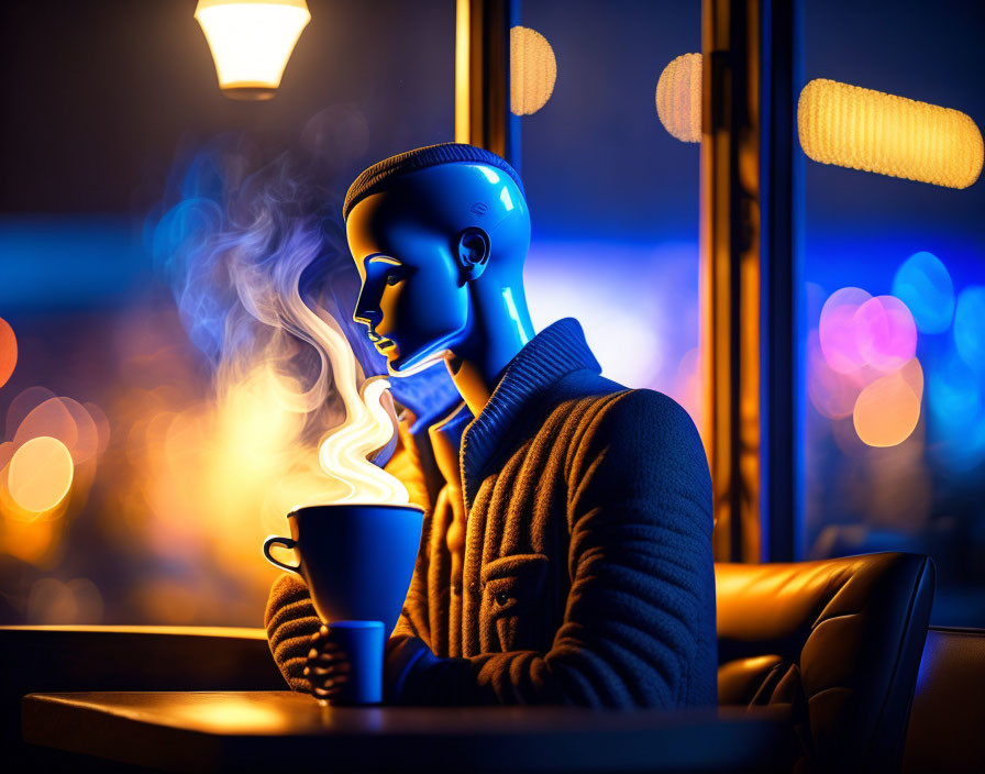 Blue mannequin at cozy café with steaming cup and bokeh lights