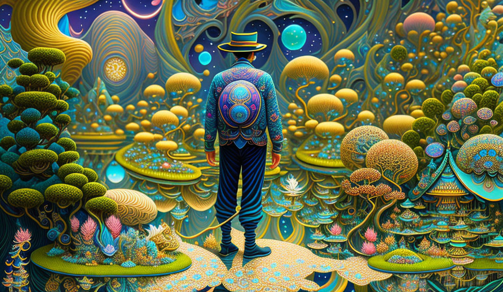 Colorful Psychedelic Landscape with Intricate Patterns and Celestial Elements