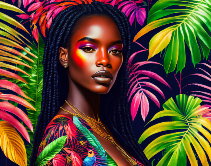 Portrait of woman with striking makeup and braided hair against tropical leaf backdrop