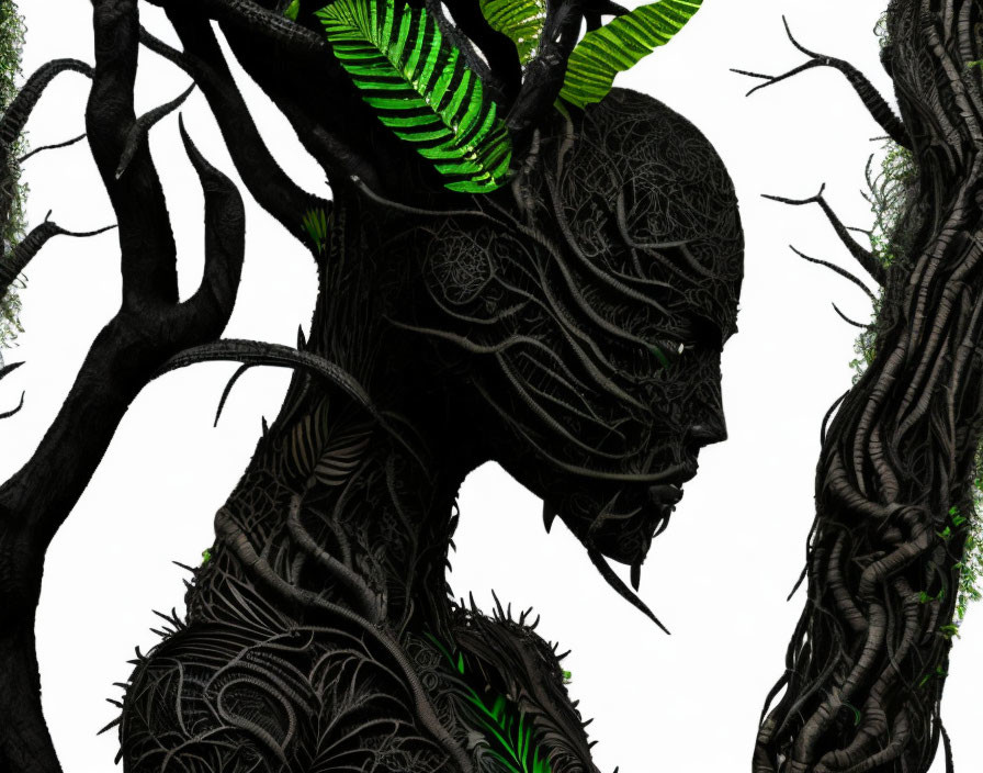 Surrealist image of figure with tree bark patterns and green leaves blending into forest background