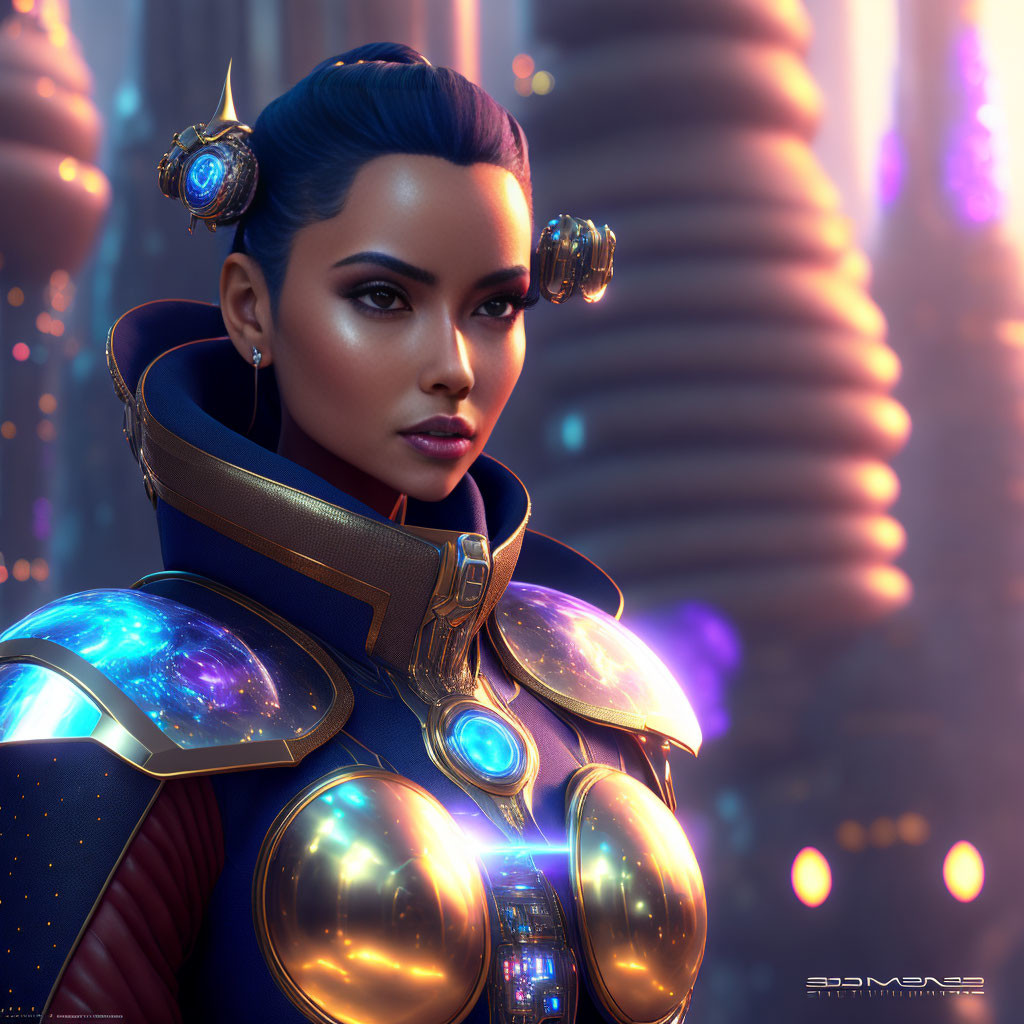 Futuristic female warrior in glowing armor against neon-lit cityscape