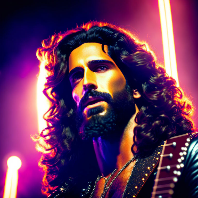 Vibrant neon-lit man with long curly hair and beard in retro style