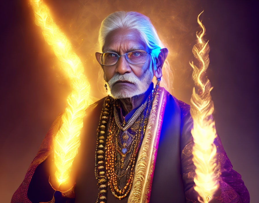 Elderly man with white hair and fiery wings in traditional clothing