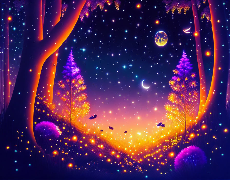 Twilight fantasy landscape with glowing trees and flowers under starry sky