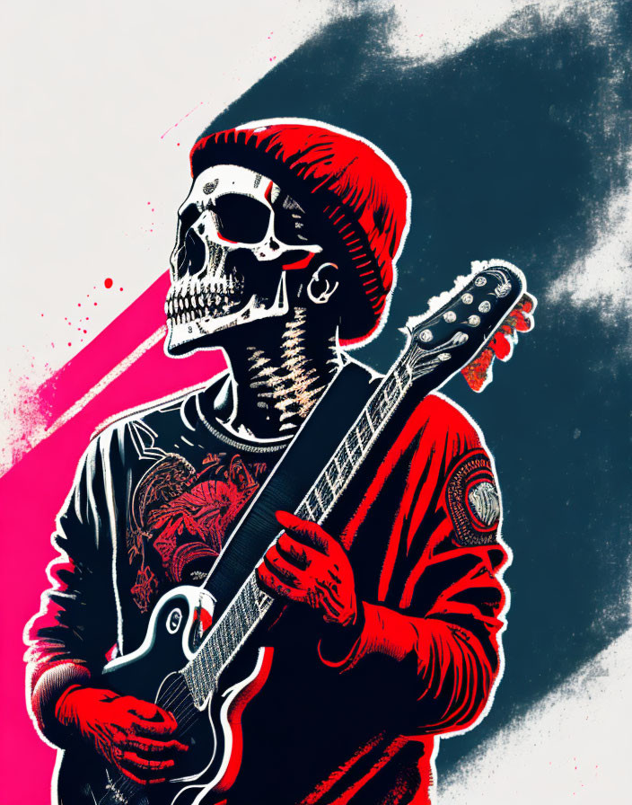 Skeleton playing electric guitar in red beanie on pink splatter background