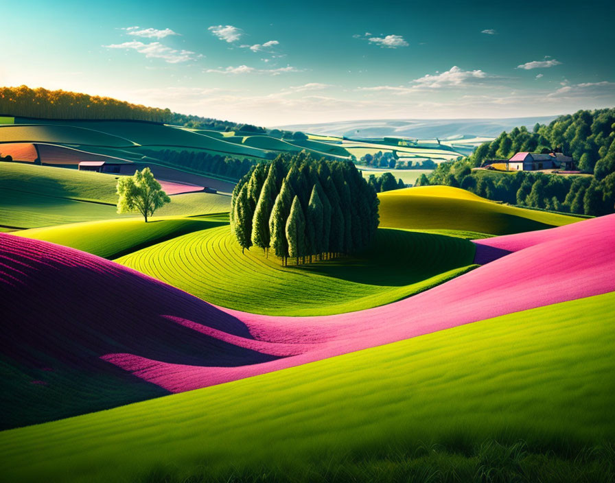 Vibrant green and pink fields on lush rolling hills with farm and trees.