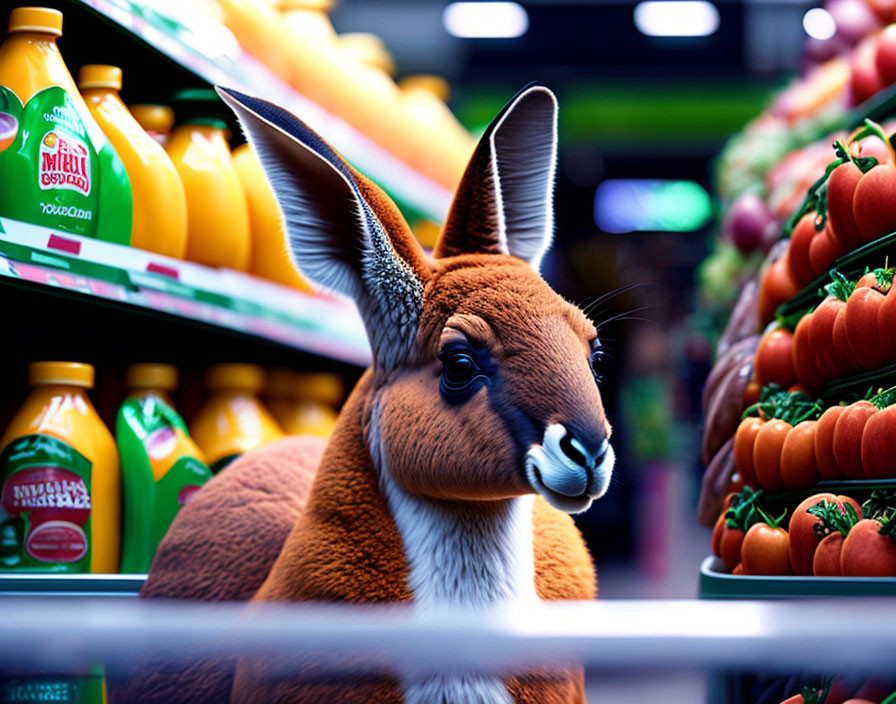 Colorful Grocery Store Aisle with Kangaroo's Head Amid Fresh Produce and Juices