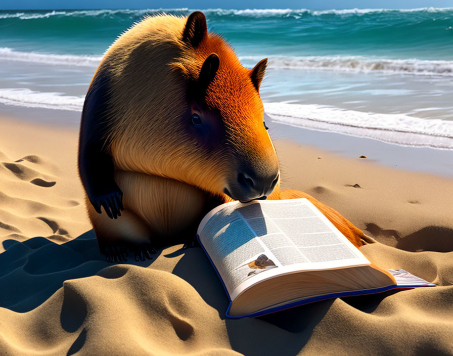 Capybara reading book on sunny beach with crashing waves