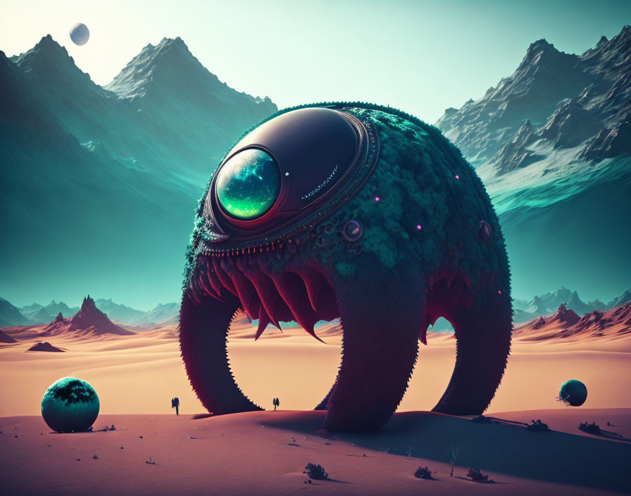 Surreal landscape with moss-covered alien creature in desert with mountains and orbs