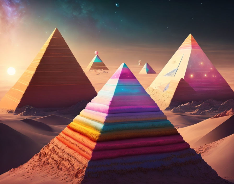 Vividly colored pyramid in surreal cosmic landscape