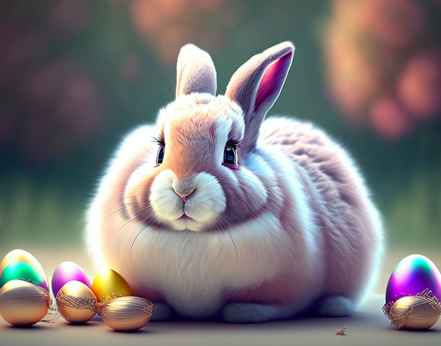 Adorable rabbit with Easter eggs on grass in soft-focus background