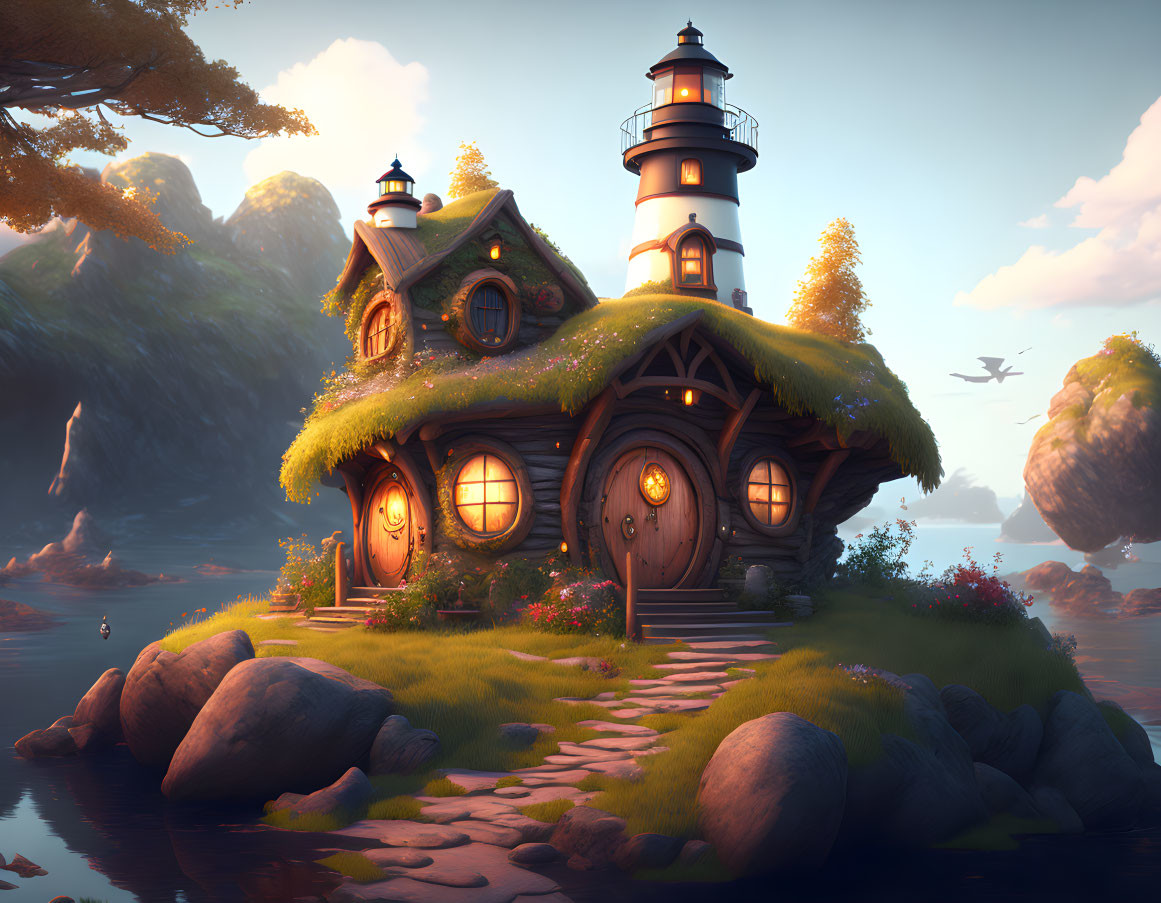 Whimsical cottage with lighthouse on small island at sunset