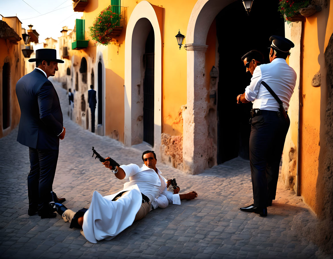 Vintage-clad men in tense standoff on historic street at sunset