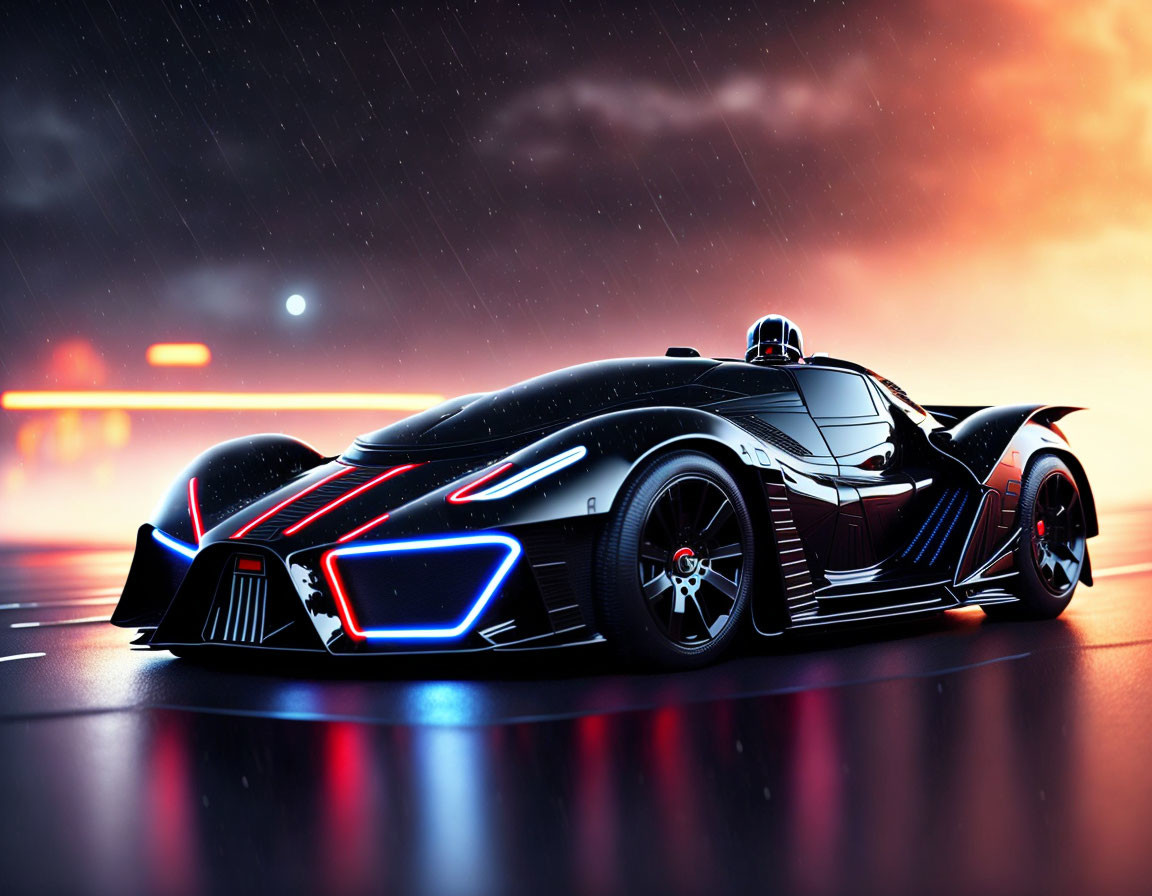 Futuristic black sports car with blue neon lights under dramatic sky