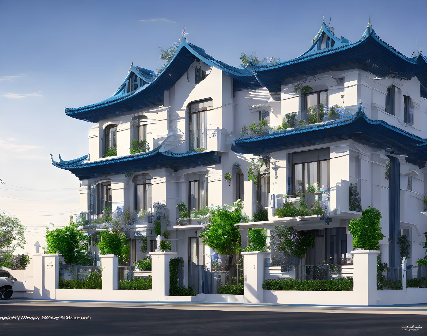 Traditional Asian-style building with blue pagoda roofs and lush green balconies under clear sky