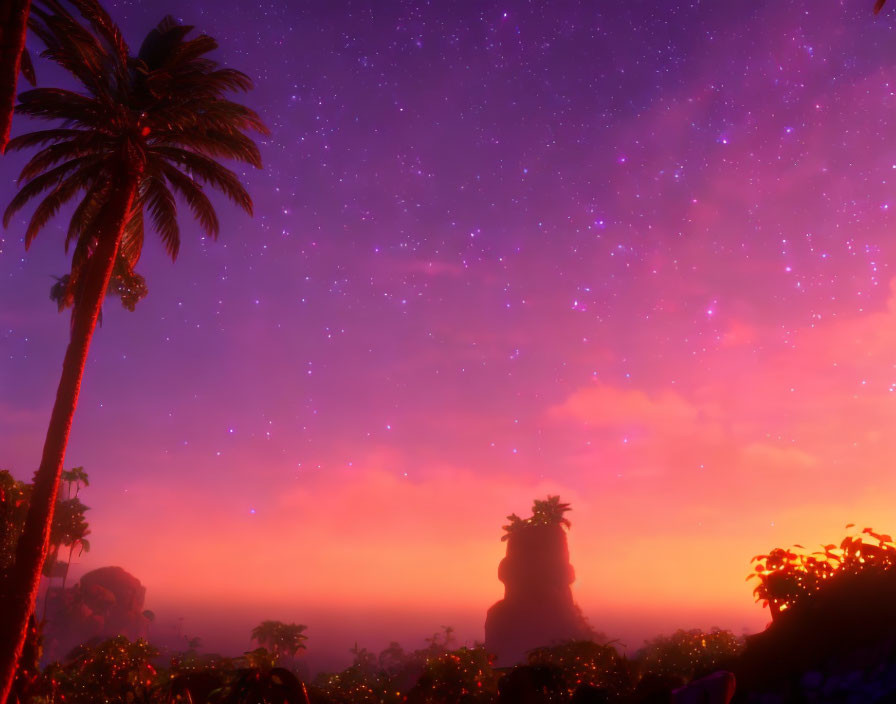 Twilight tropical landscape with purple and pink sky