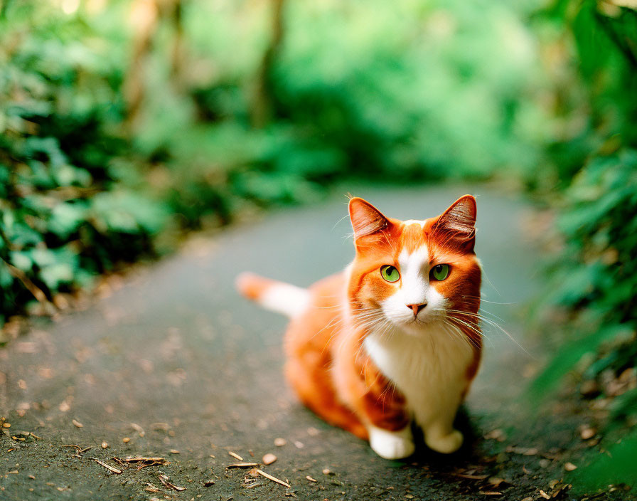 Orange and White Cat with Green Eyes on Forest Path