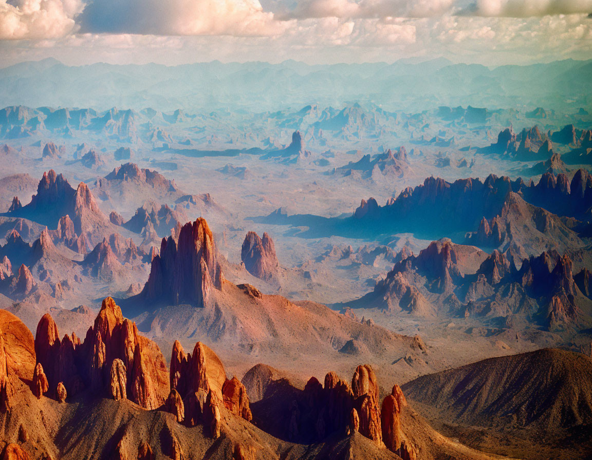 Rugged desert landscape with jagged rock formations at sunset