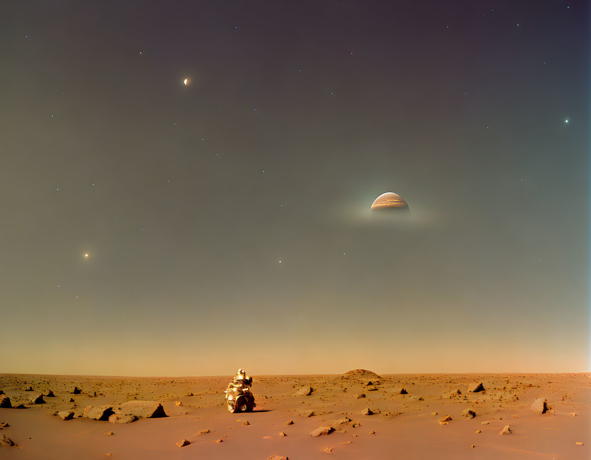 Mars rover explores barren landscape under crescent moon