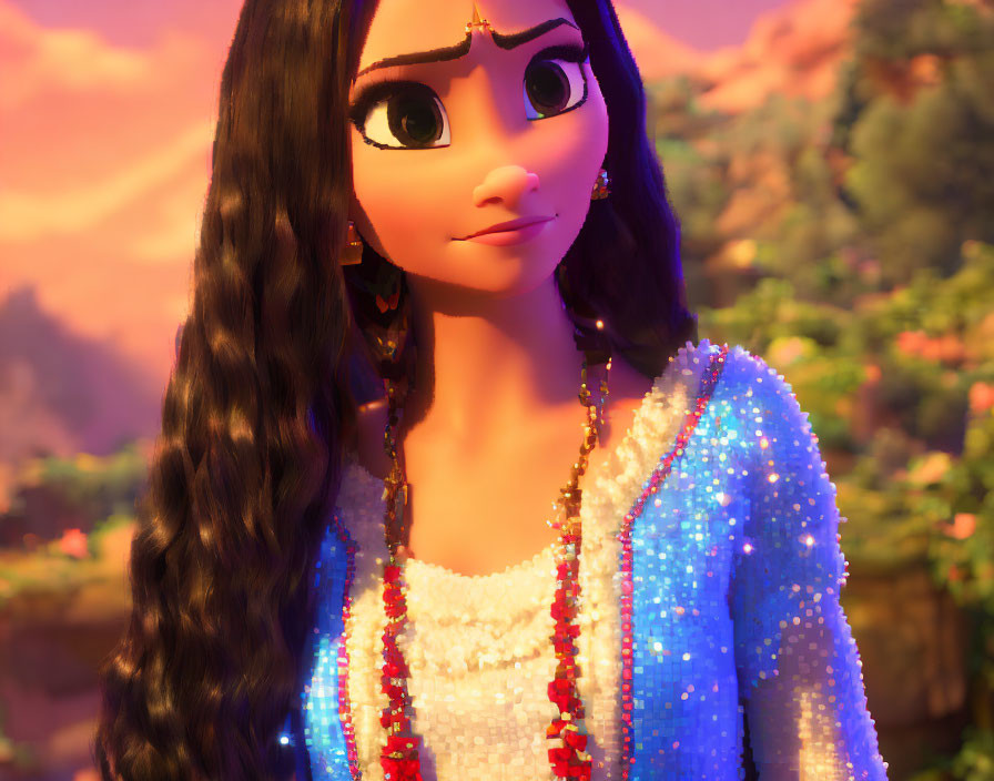 Close-up of animated girl with long dark hair in white dress and colorful beads against sunset background.