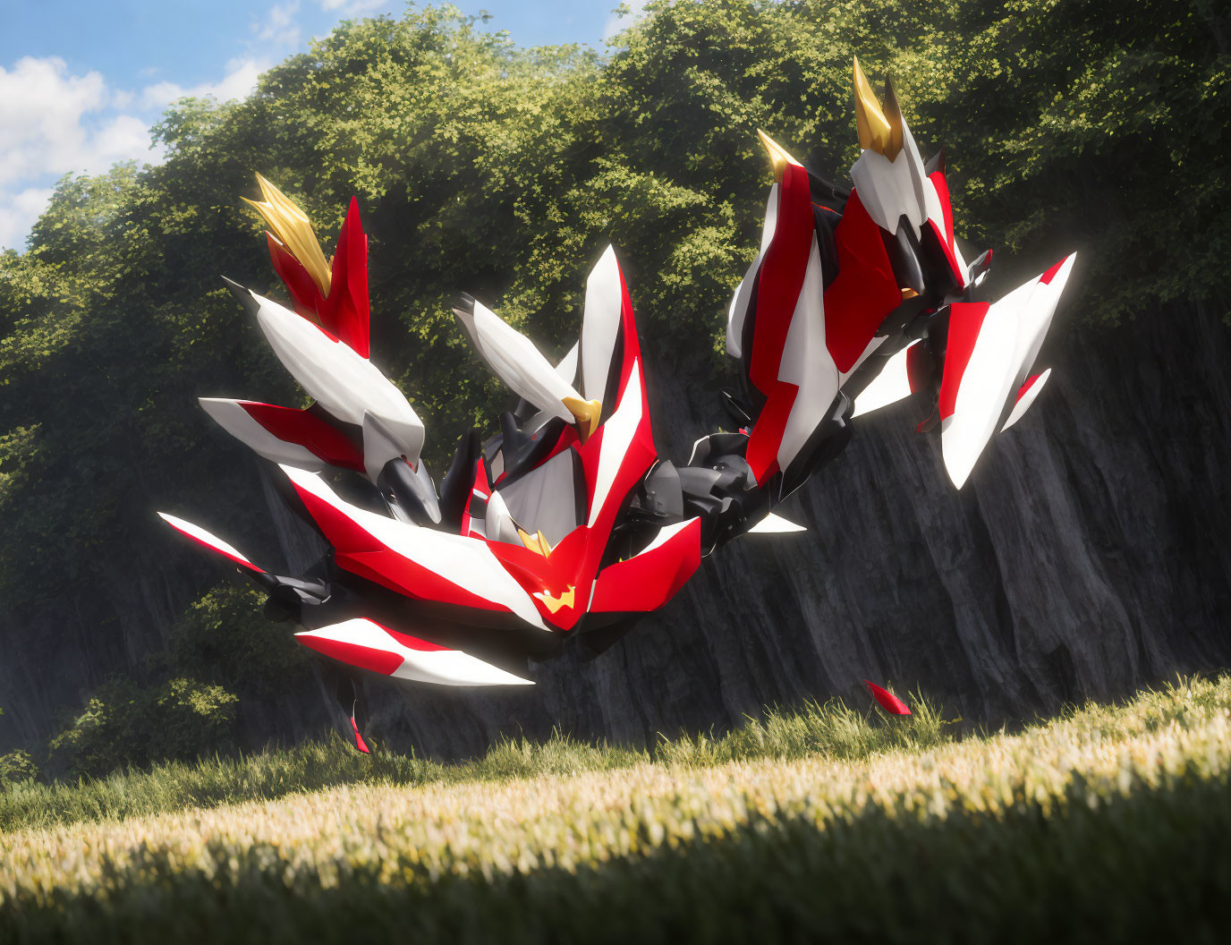 Three red and white robotic birds flying over grassy field near cliff under sunny sky